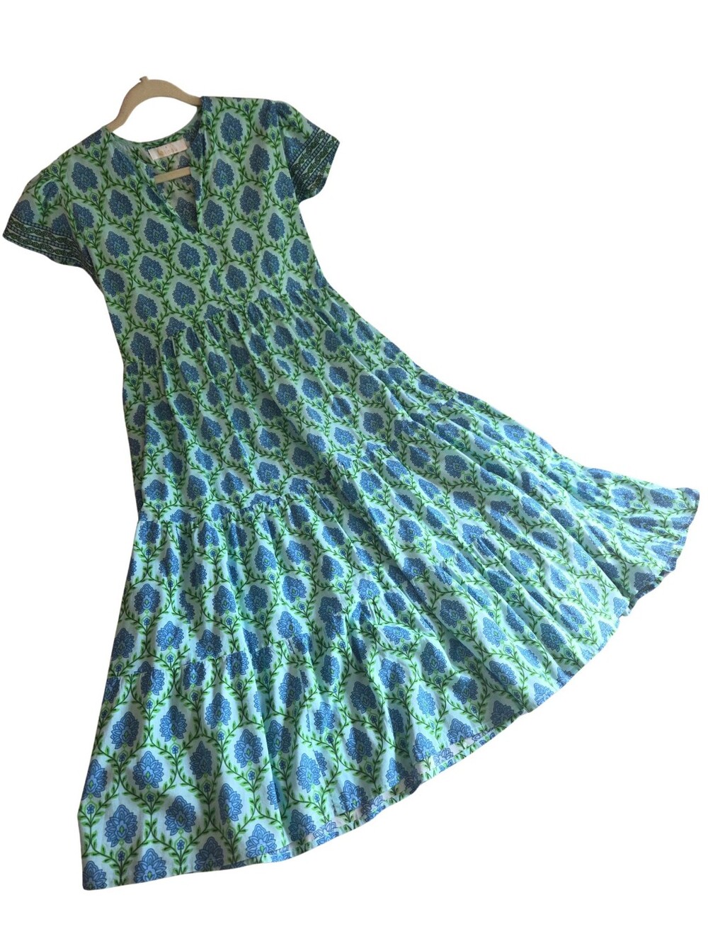 Bindu Pure Indian Artisan Cotton Blue & Green Floral Maxi Dress Contrast Sash Sm - Picture 7 of 10